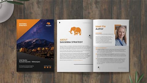 There is a leaflet on a wooden desk which reads About Savanna Strategy and Meet the Author.